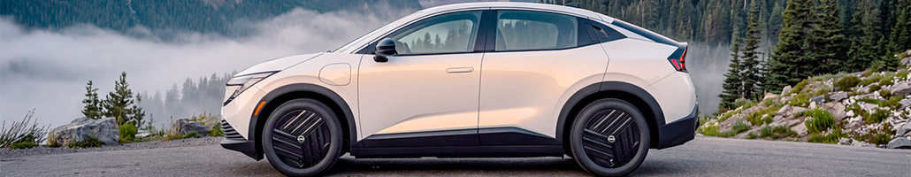 Vue de profil d’une Nissan LEAF claire dans un paysage montagneux.