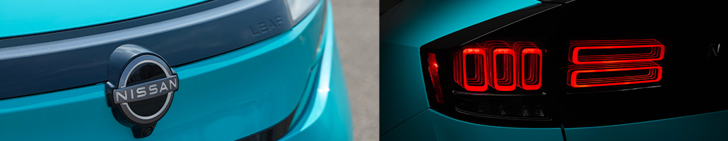 Détails de l’emblème Nissan et des feux arrière de la LEAF.